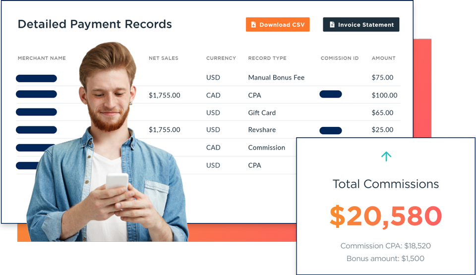 affiliate publisher looking at phone with program dashboard in the background