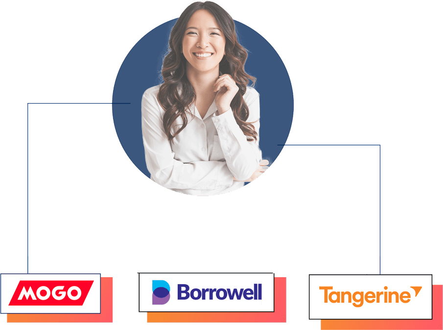Woman in white shirt positioned above brand logos